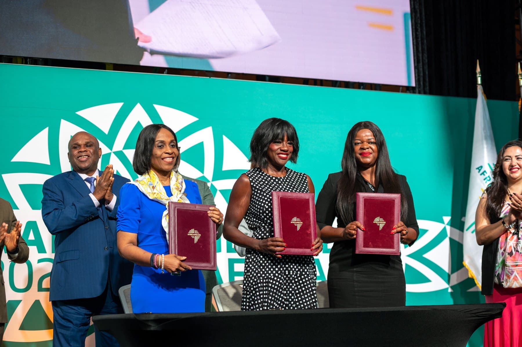 Afreximbank and JVL Media executives at the signing of their Memorandum of Intent, with actress Viola Davis.